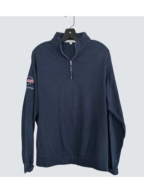 Peter Millar Navy 1/4 Zip Pullover Sweatshirt M Embroidered Sleeve 100% Cotton